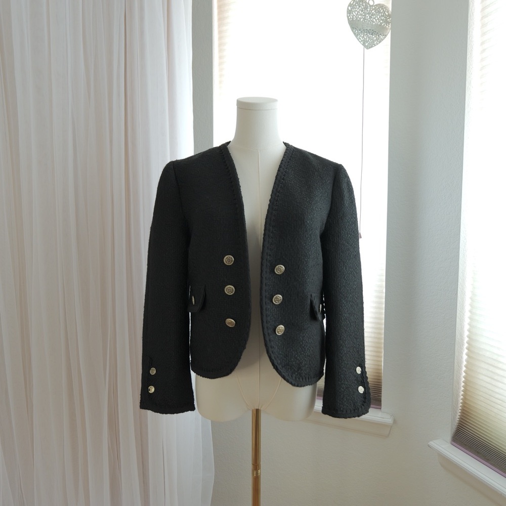 Zara Black Textured Blazer with Gold Buttons